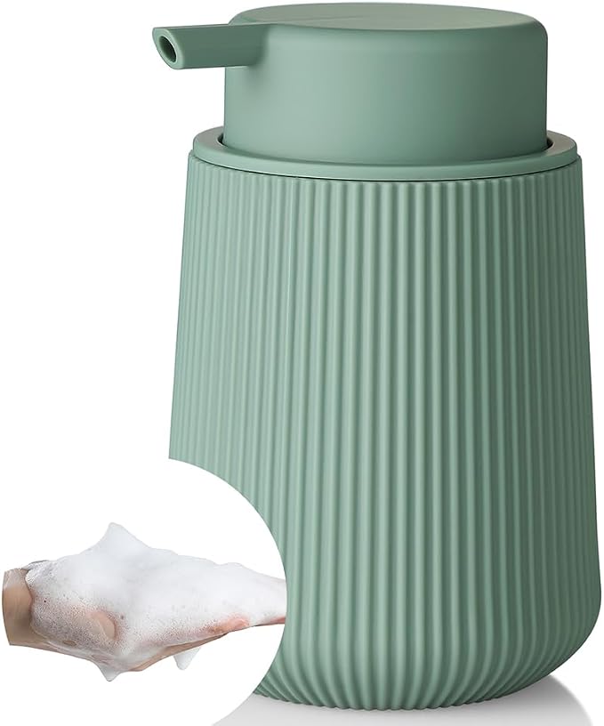 YAUKPH Striped Foaming Hand Soap Dispenser with Leak-Proof Pump for Bathroom and Kitchen Countertop 11oz Sage Green