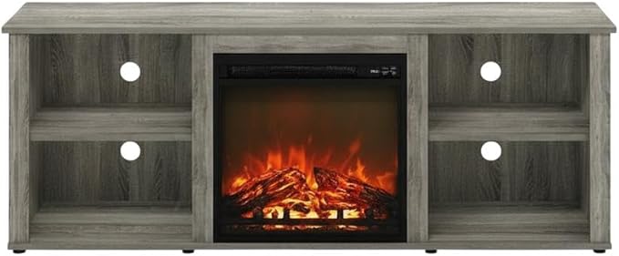 Furnifact Grey TV Stand with Fireplace, 60 Inch Wood Console, Open Shelves, Cord Management, Modern Style, Living Room, Home Entertainment