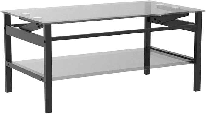 Meihua Lift Top Glass Coffee Table with Storage Compartment and Separated Open Shelves, Lift Tabletop for Living Room Home, Office, Black