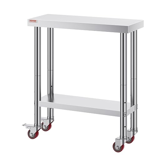 VEVOR Stainless Steel Work Table 30 x 12 x 34 Inch, 700 LBS Load Capacity with 4 Wheels, 3 Adjustable Height Levels, Heavy Duty Food Prep Worktable for Commercial Kitchen Restaurant, Silver