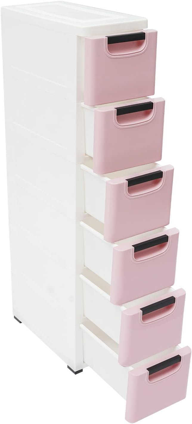 6 Drawers Narrow Storage Cabinet, Stackable Plastic Storage Tower Slim Utility Organizer for Kitchen Bathroom Living Room Office (Light Pink)