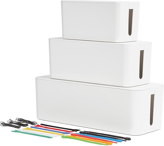Oxford Cable Management Boxes, 3 Pack, Small, Medium, Large, 15 Cable Ties (Hook & Loop, Silicone,Twist Ties), Power Strip Organizer, White (27800) | Three sizes small medium large, Hides power strips and cords, Heat-resistant ABS with lids, Includes 1...