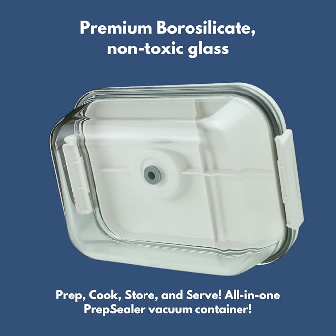 PrepSealer Food-Saving Glass Vacuum Container with manual hand pump. Everyday keep food fresh, Meal Prep, Marinade, Borosilicate Glass (PS-GVC-1L-Wh).