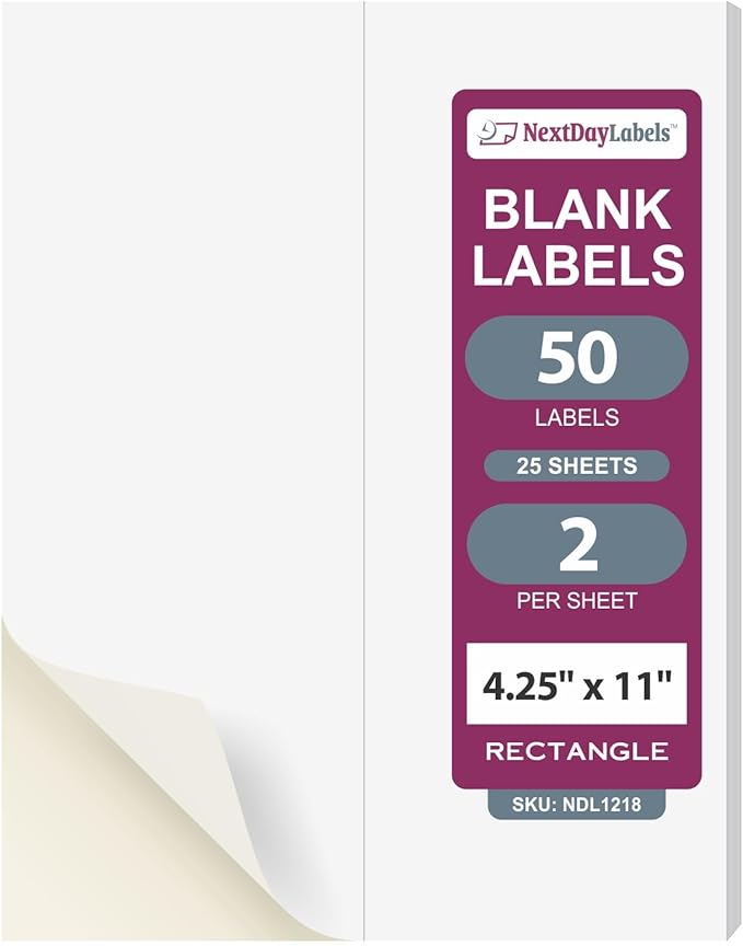 NextDayLabels 4.25x11 Inch Rectangle Stickers White Blank Labels for Laser Inkjet Printer - 2 Per Sheet Self-Adhesive Shipping Packaging Product Made in USA - 50 Labels