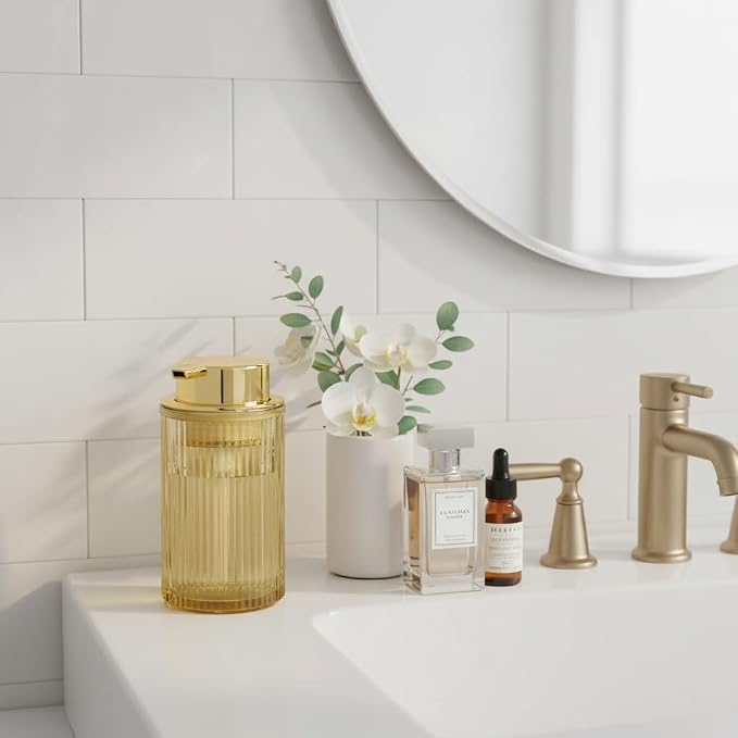 Foaming Soap Dispenser, 12 Oz Amber Glass Foam Hand Soap Dispenser, Refillable Lotion Soap Dispenser with Removable Pump for Kitchen Hand Wash Dispenser, Modern Slim Ribbed Bottle for Decor