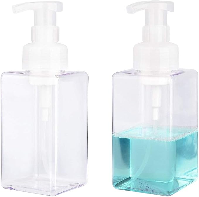 Foaming Soap Dispenser, 15oz Plastic Refillable Pump Bottle, 2 Pack, Clear | Hand Dispenser for Liquid Soap, Shampoo & Body Wash – Saves Soap with Rich Foam, Reusable, Easy to Refill, BPA-Free