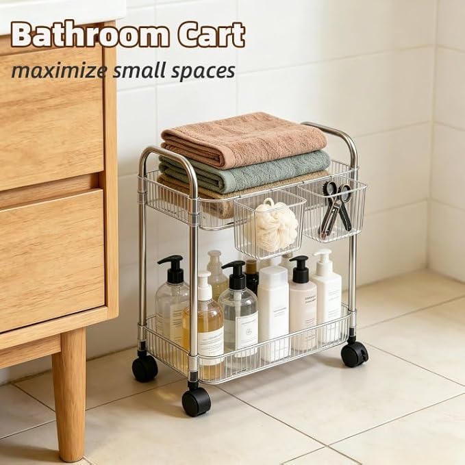 2 Tier Utility Rolling Cart with Wheels Sofa Side Table Small Under Desk Storage Organizer, Clear Acrylic Plastic Mobile Trolley Organization Storage Cart for Kitchen Pantry Bathroom Vanity