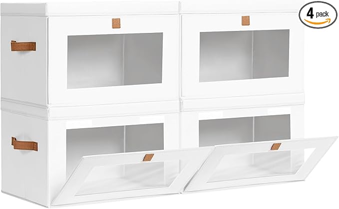 Homsorout Large Clothing Storage Bins - Collapsible Boxes with Handles & Window, Decorative Organizer Bins with Lids, Fabric Containers for Living Room, Dorm, 4 Pack, White