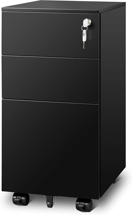 DEVAISE 3 Drawer Mobile File Cabinet, Fully Assembled Metal Filing Cabinet with Lock for Home Office Organizer Letter/Legal/A4, Black