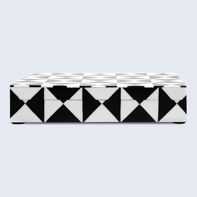 Handicrafts Home Decorative Storage Box with Lid, Black and White Decorative Box for Remote Controls, Slim Coffee Table Storage Box for Shelf, Desk & Living Room Decor, Triangle 8 x 6 x 1.5 Inch