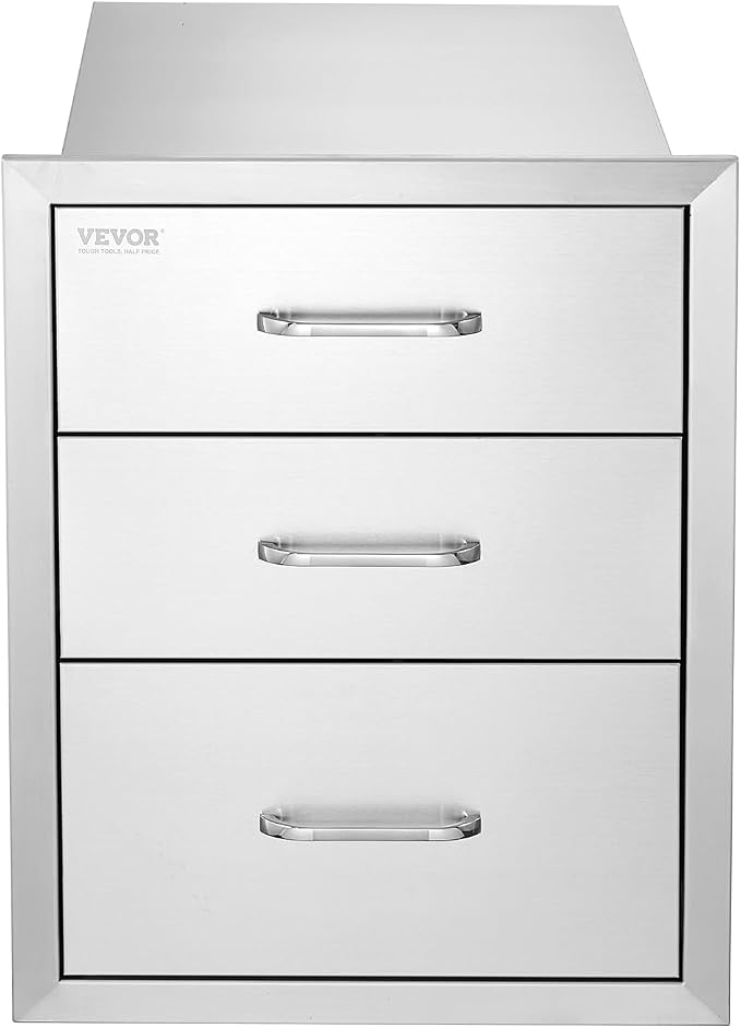 VEVOR 18x23 Inch Outdoor Kitchen Cabinets 18W x 20.5H x 23D Inch, BBQ Drawers Stainless Steel, Outdoor Kitchen Drawers Triple Access with Chrome Handle, BBQ Island Drawers, Grill Drawers Storage | Stainless Steel Outdoor Kitchen Drawers Triple Access w...