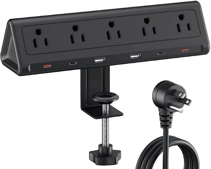 10 FT Desk Clamp Power Strip with 5 AC Outlets & 6 USB Ports PD 40W USB-C Fast Charging, Extension Cord with Multiple Outlets, Fits 2.1 in top Edge Black