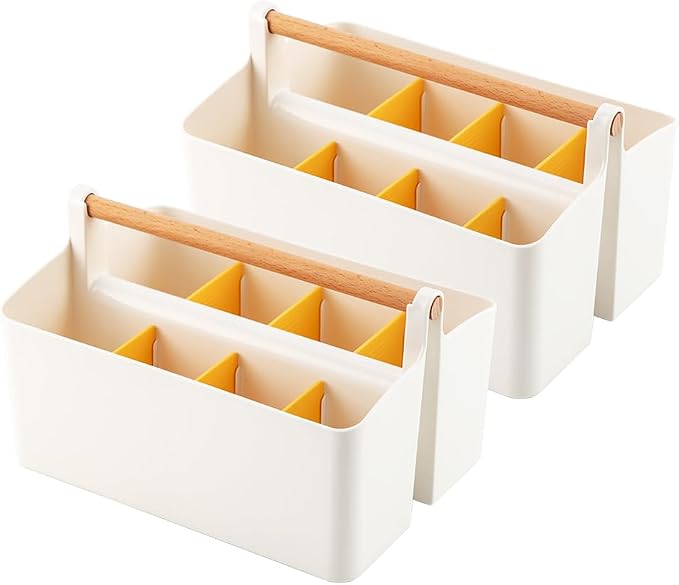2 Pack Art Caddy Organizer Portable,Marker Box, Large Pen Holder for Desk, Art Supply Storage Bin with Adjustable Dividers for Colored Pencils,Markers,Craft Organizers (Yellow Divider)