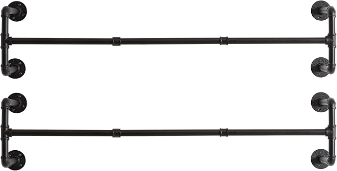 IBUYKE Industrial Pipe Clothes Rack Set of 2, 50 Inch Wall Mounted Clothing Rack, Space-Saving Hanging Closet Rod, Heavy Duty Multi-Purpose Garment Rack for Laundry Room(4 Bases), Black TYJ002H-2