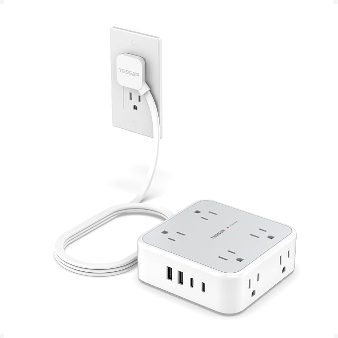 TESSAN Surge Protector Power Strip, 5 Ft Flat Plug Extension Cord with 4 USB (2 USB C) 8 Outlets, 900J Protection, 3 Sided Outlet Extender with Power Switch for Office, Dorm Room, Grey