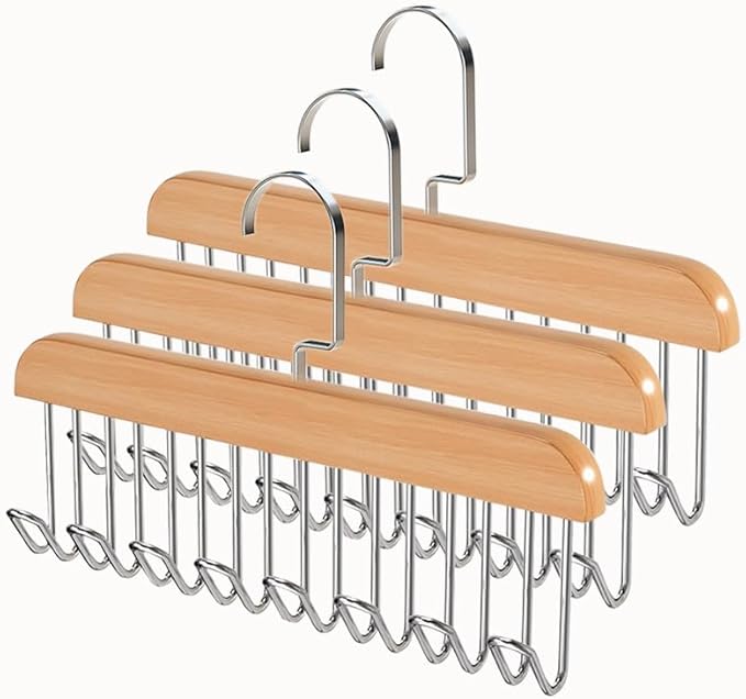 Bra Hangers for Closet Organizer with 16 Metal Hooks Belt Hanger for Closets Space Saving Multi Hook Hanger Non-Slip Tank Top Hanger 360°Rotating Display Belt Organizer for Tie, Hat, Bra Wooden 3 Pack