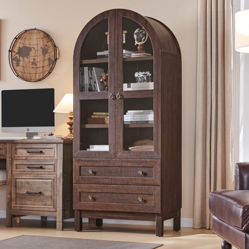 IFBUY 71" Tall Arched Bookshelf, 4-Tier Bookcase with Glass Doors and Shelves, Wooden Display Cabinet w/2 Large Storage Drawers, Modern Farmhouse Versatile Bookshelf for Living Room, Bedroom, Brown