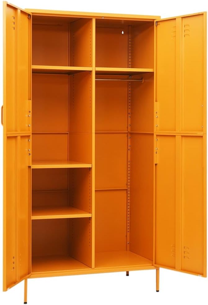 70.9" Tall Metal Wardrobe Cabinet, Steel Clothing Cabinet Storage Cabinets with 2 Doors, 4 Adjustable Shelves and Hanging Rod for Living Room, Bathroom, Garage 35.4"x19.7"x70.9" Mustard Yellow -AA
