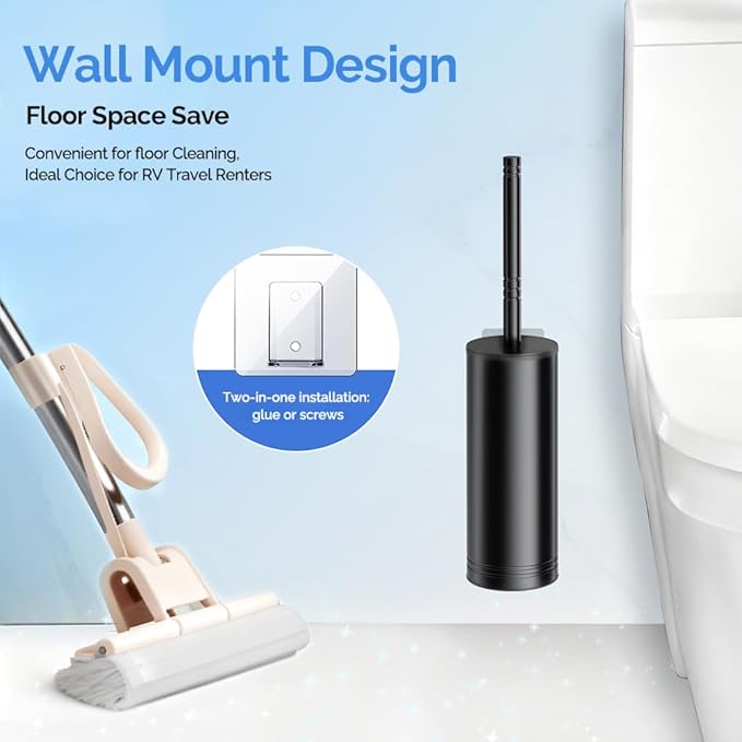 HAMITOR Toilet Brush and Holder Set: Stainless Steel Heavy Duty Bowl Cleaner Brush - Deep Cleaning Under Rim Curved Bristle - Space Saving Wall-Mounted for Home RV Bathroom Accessories Black 2 Pack