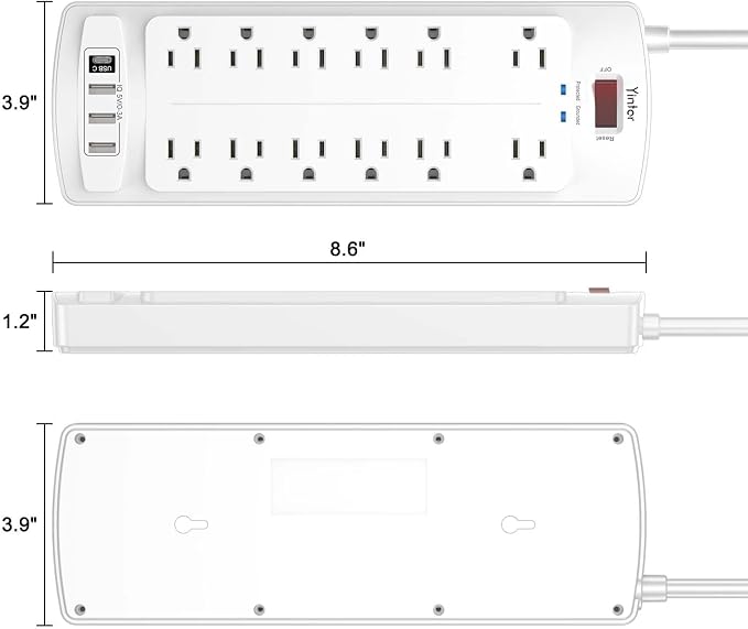 10 Feet Extension Cord Power Strip, Yintar Surge Protector with 12 AC Outlets and 4 USB Ports, 2700 Joules, ETL Listed, White