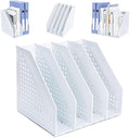 FRETONBA Collapsible Magazine File Holder, 4 Vertical Compartments | Foldable Space-Saving, Sturdy Plastic Binder Holder, Compact for Desk or Shelf, for Office & Home, Easy Access, Light Gray