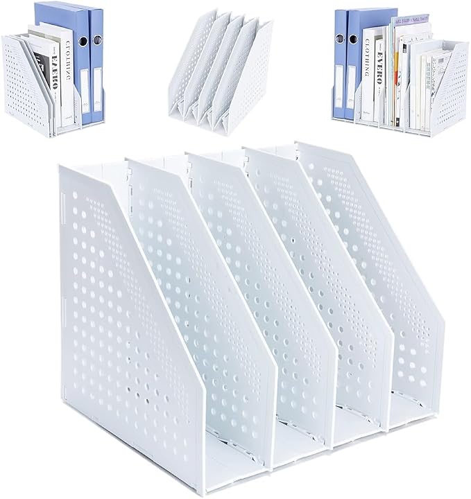 FRETONBA Collapsible Magazine File Holder, 4 Vertical Compartments | Foldable Space-Saving, Sturdy Plastic Binder Holder, Compact for Desk or Shelf, for Office & Home, Easy Access, Light Gray
