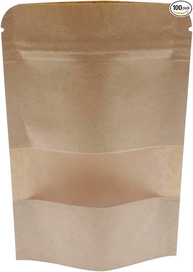 Kraft Paper Zipper Pouches,ULIFESTAR Kraft Stand Up Zip Lock Pouch Bags,100PCS Resealable Bag with Transparent Window and Tear Notch Resealable Bag for Small Business HomeUse,4.7"*7.9"(12 * 20cm+4cm)