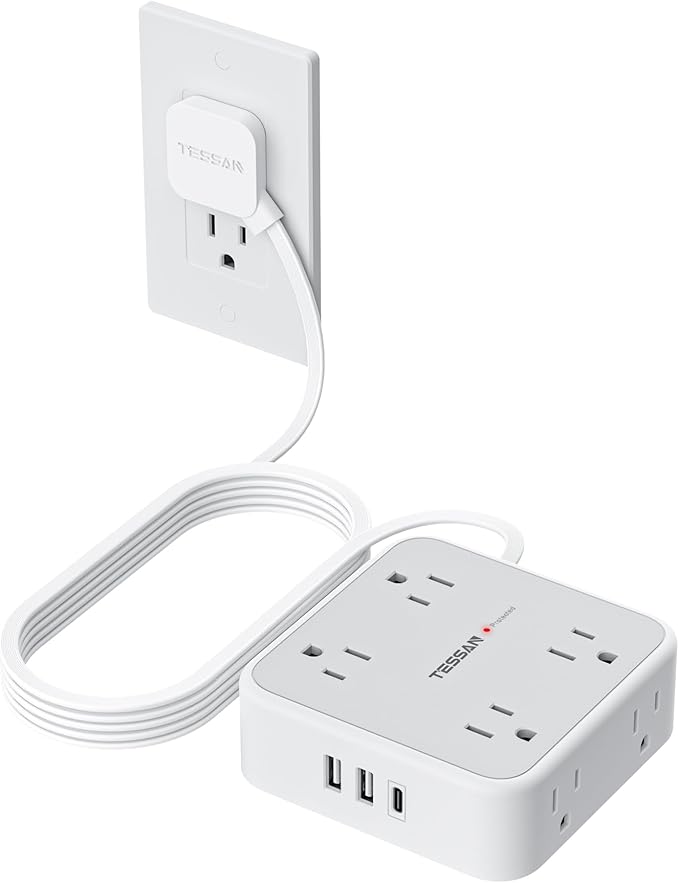 TESSAN Surge Protector Power Strip, 10 Ft Flat Plug Extension Cord with 3 USB (1 USB C 20W PD) 8 Outlets, 900J Protection, 3 Sided Outlet Extender with Power Switch for Office, Dorm Room, Grey