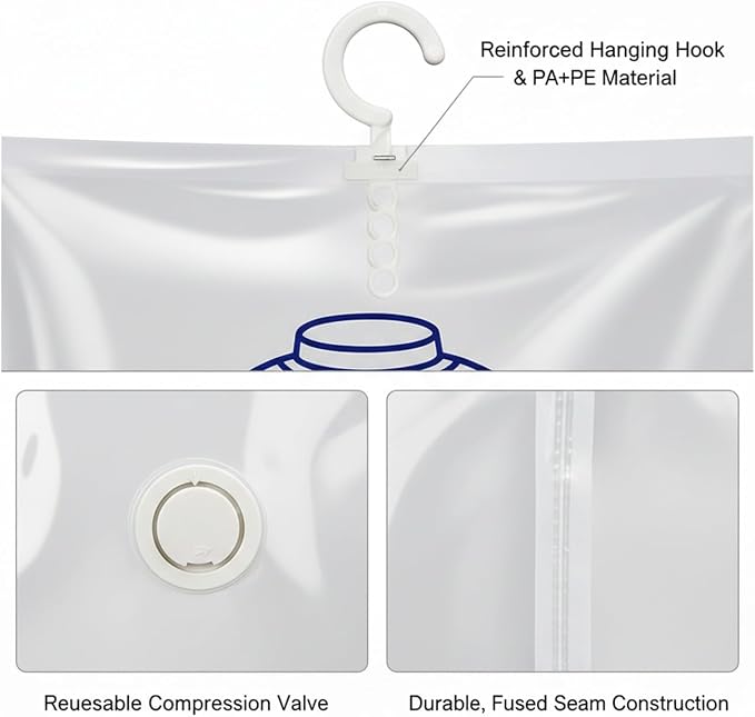 Hanging Vacuum Storage Bags for Clothes, Space Saver Compression Bags for Closet Organization, Reusable PA+PE Material (1 Pack)