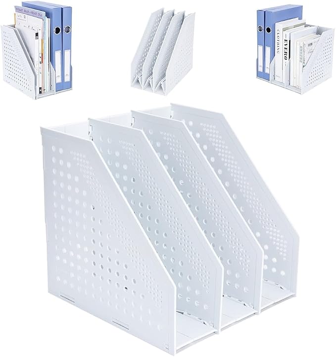 FRETONBA Collapsible Magazine File Holder, 3 Vertical Compartments | Foldable Space-Saving, Sturdy Plastic Binder Holder, Compact for Desk or Shelf, for Office & Home, Easy Access, Light Gray