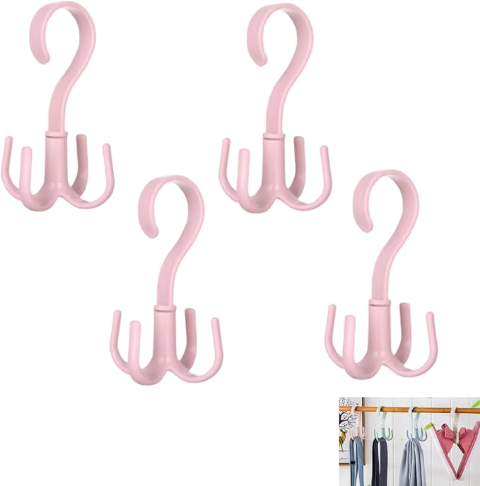 4PCS Rotating Tie and Belt Hanger, 360° Rotating Multifunctional Space Saving Closet Organizers Handbag Storage Hook Scarf Hanging Rack for Bedroom Kitchen (Pink)