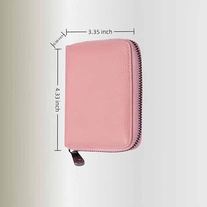 Genuine Leather Credit Card Holder, Wallet Case, Bank Card Case, RFID Blocking Secure Card Case, ID Case, Organizer Zipper Wallet 1 Pcs - Pink