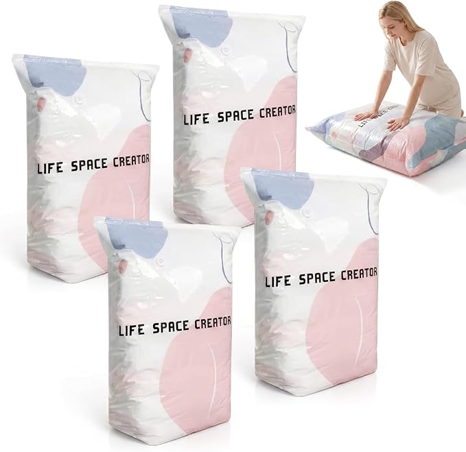 No-Pump Vacuum Storage Bags, Cube Compression Space Saver Bags, Upgrade Large Storage Compression Bags Press & Seal, For Clothes,Bedding Comforters, Blankets (4PCS, Large)