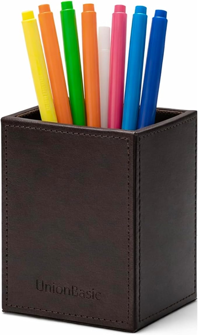 UnionBasic Square Pen Holder, Leather Pencil Cup, Desktop Caddy Stationery Organizer (Coffee)