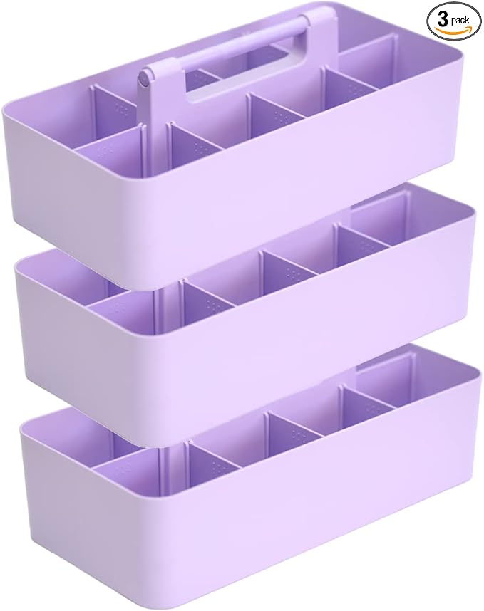 -Large Portable Caddy, DIY Dividers, 8 Compartments, School Office Supplies Home Business Basket with Handle Storage Modern Made in USA (3 PACK, Lavender)