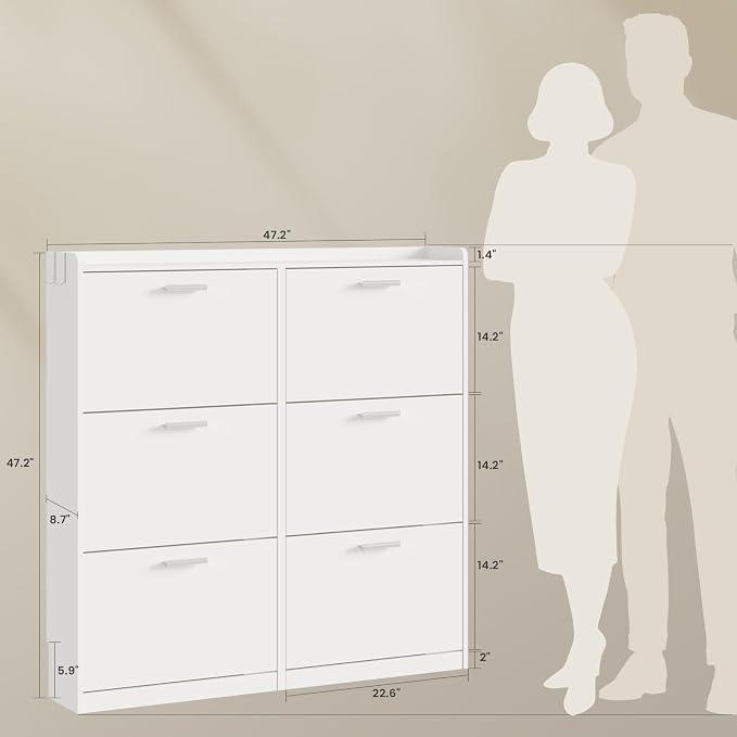Shoe Cabinet with 6 Flip Drawers, Freestanding Shoe Rack Organizer with Adjustable Shelves, 47.2" W x 8.7" D x 47.2" H Narrow Shoe Storage Cabinet for Entryway, Foyer, Hallway, White
