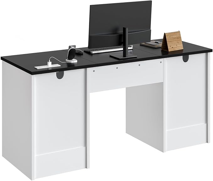 Bestier 59” Office Desk with Lockable Drawers, Modern Computer Desk with File Drawer, Charging Station & Drop-Front Keyboard Drawer, Executive Desk with Storage Cabinet for Home Office & Studio, White