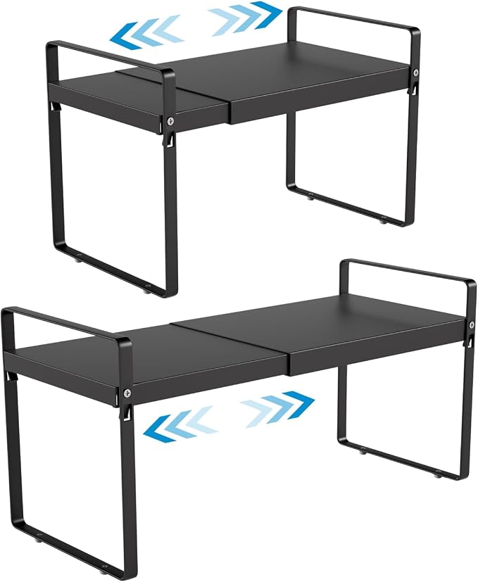 11" Deep Expandable Cabinet Organizer Shelf Riser, 14-25" Adjustable Heavy Duty Metal Pantry Storage Rack for Kitchen Cupboard, Under Sink & Countertop, 10" High Space Saver, 2-Pack Black﻿