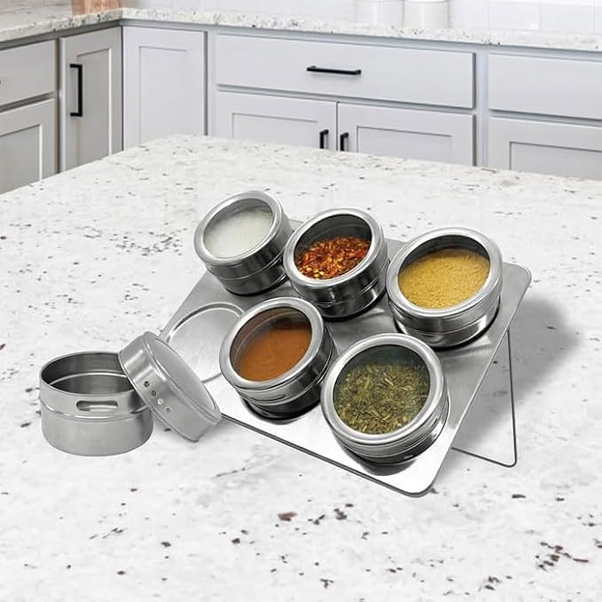 Stainless Steel Magnetic Spice and Condiment Organizer Kit – 6-Piece 75ml (2.5 oz) Seasoning Jars with Adjustable Pour Vents, Leak-Proof Magnetic Holder for Kitchen Countertops or Refrigerator Storage