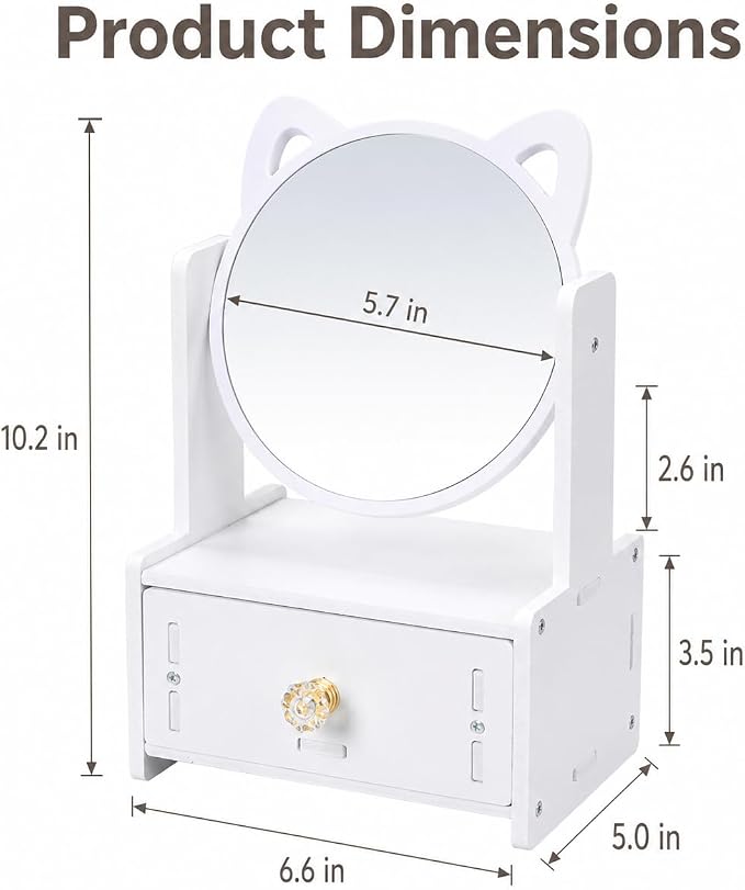 Desktop Makeup Mirror Organizer with Drawers, Compact Vanity Storage Box, Round Mirror, Cosmetic, Skincare and Jewelry