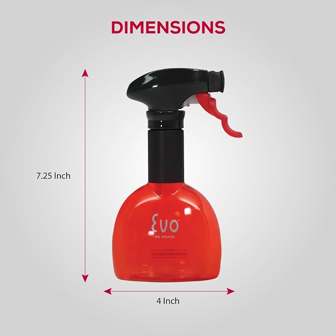 Evo Oil Sprayer Minis, Non-Aerosol for Olive, Cooking Oils, and Vinegars, Red, 8-Ounce Capacity, Set of 2 | Set of Two 8 Oz Non-Aerosol Sprayers, Fan-Shaped 1/4 Tsp per Pull, Rotating Nozzle, Ergonomic Trigger
