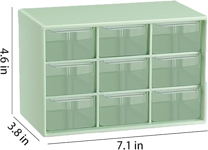 Small Drawer Organizer for Desk, 7.1" x 3. 8" x 4.6" Mini Desktop Drawer Organizer with 9 Clear Drawers, Plastic Desktop Craft Storage Box for Desk Office School Home (Green)