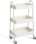 NEWBULIG 3-Tier Metal Rolling Cart with Lockable Wheels, Heavy Duty Mobile Utility Storage Shelf, Roller Book Snack Cart, Organization for Livingroom, Bathroom, Office, White