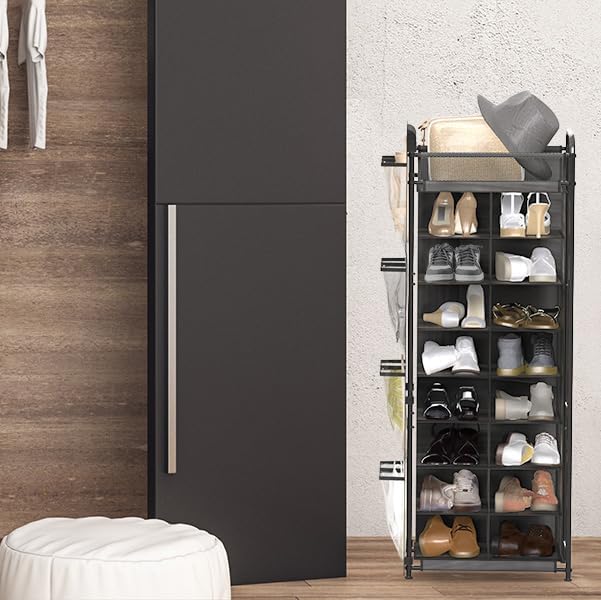 Simple Houseware 16 Cube Shoe Stand Tower Rack 8 Tier, Dark Gray | Top Shelf and Side Hanging Pockets