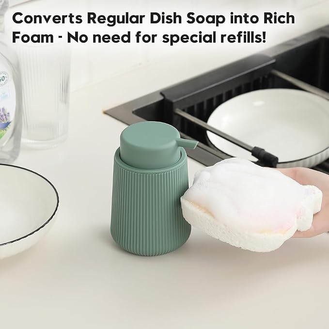 YAUKPH Striped Foaming Hand Soap Dispenser with Leak-Proof Pump for Bathroom and Kitchen Countertop 11oz Sage Green