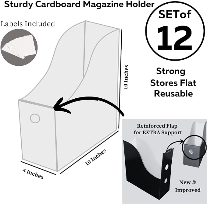 Evelots Magazine File Holder - Set of 12 Black - Office Desk Organizer - Sturdy Cardboard - New Upgraded Double Front Panel for More Stability - Full 4 Inch Wide - Easy Assemble