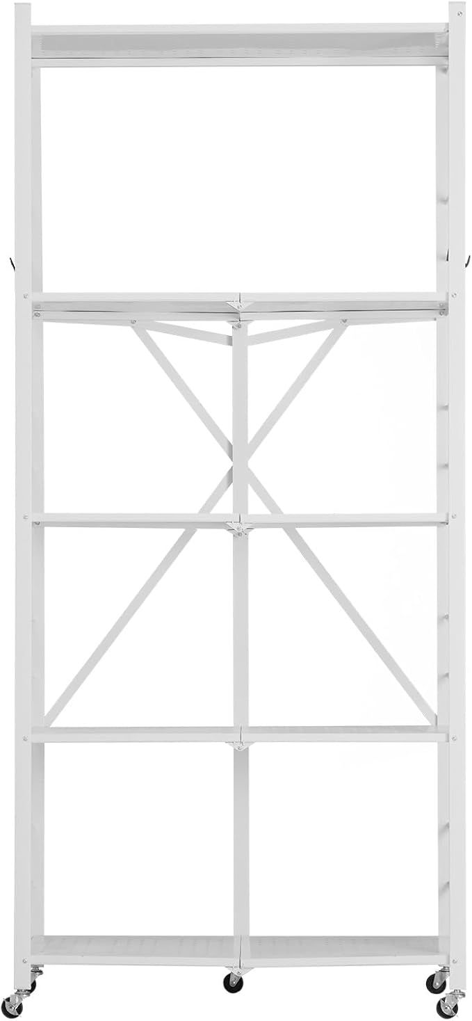 VEVOR 5-Tier Foldable Storage Shelf, 32W x 14D x 72H Inch Folding Metal Rack Shelving Unit, Heavy Duty No Assembly Organizer Shelf with 5 Wheels & 4 Hooks for Pantry, Kitchen, Garage, Basement, White