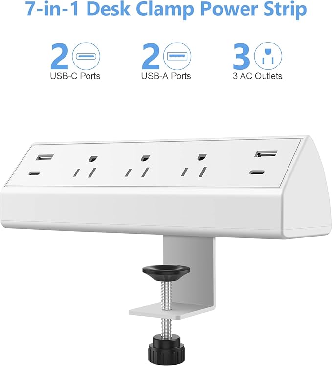 Jgstkcity Desk Clamp Power Strip,40W Total Fast Charging Station,2 PD 20W USB C Ports,Desk Edge Mount Surge Protector for Home, Office,3 Outlets,Fit 1.96" Tabletop Edge,ETL Listed,White | 2 PD 20W USB C Ports, 3 Outlets, Desk Edge Mount, Fit 1.96" Tabl...