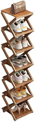 Bamboo Shoe Rack - No Assembly Required, Tall Narrow Foldable Shoe Organizer, Space-Saving Multifunctional Shelf for Entryways, Corners, Bedrooms, Balconies, 7 Layer Brown (Reinforced And Thickened )