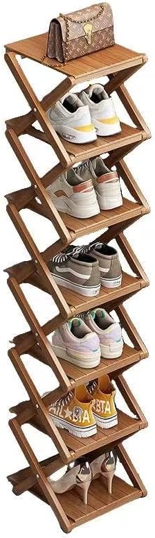Bamboo Shoe Rack - No Assembly Required, Tall Narrow Foldable Shoe Organizer, Space-Saving Multifunctional Shelf for Entryways, Corners, Bedrooms, Balconies, 7 Layer Brown (Reinforced And Thickened )